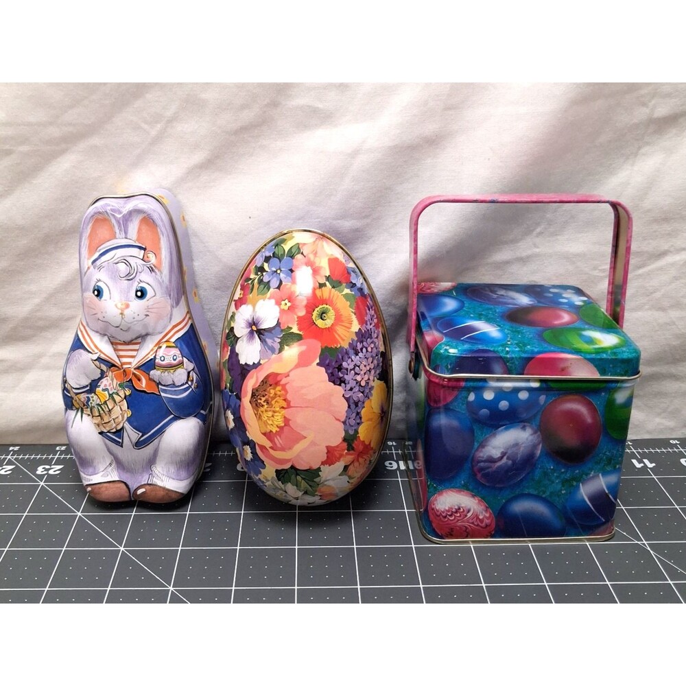 Lot 3 Vintage Metal Easter Egg Candy Tins Dept 56 Tinco Hallmark Granny Floral